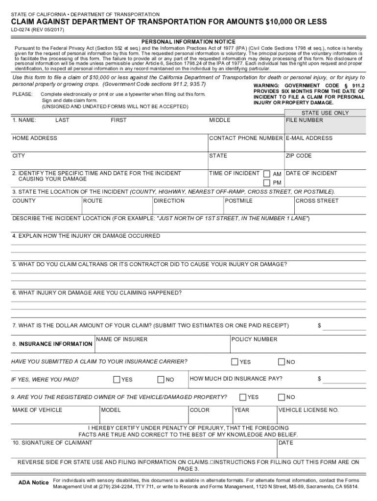 LD 0274 Claim Against Department of Transportation for Amounts 2017-2025